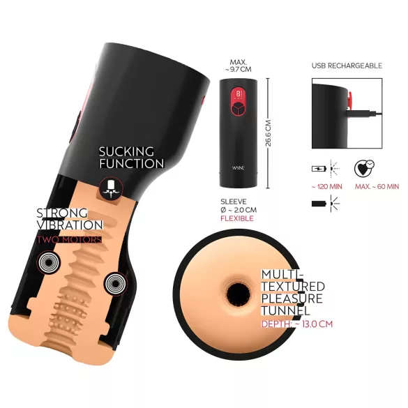 WYNE 07 - masturbador masculino recargable con vibración y succión - negro