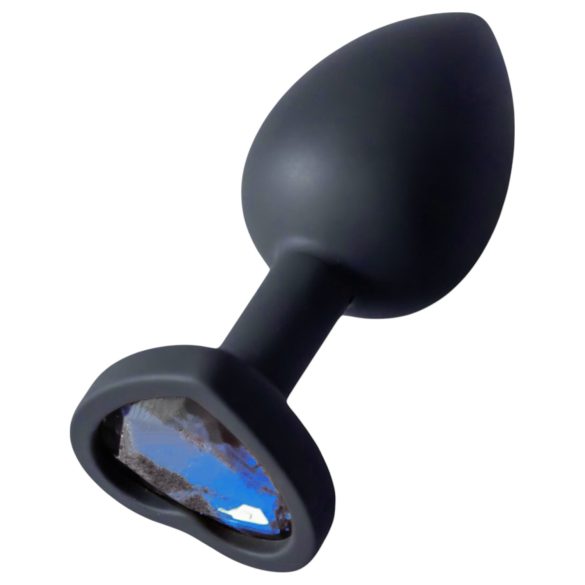 Sunfo - Plug anal de silicona con piedra azul oscuro en forma de corazón (negro)