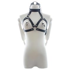 Latetobed - arnés con mordaza y pinzas para pezones (negro)