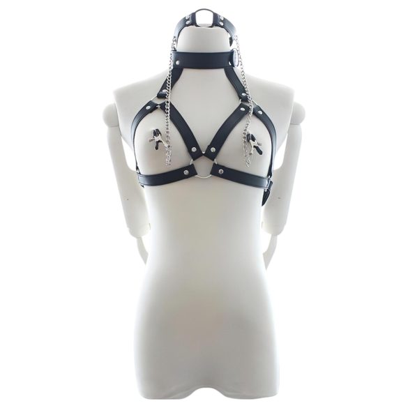 Latetobed - arnés con mordaza y pinzas para pezones (negro)