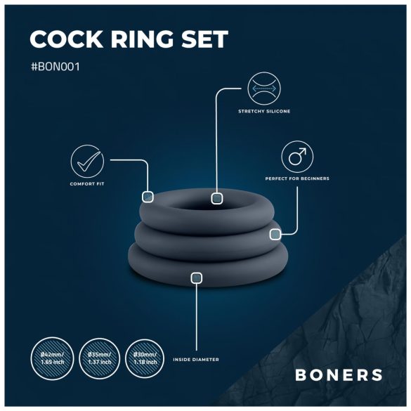 Boners - set de anillos para pene - 3 unidades - gris