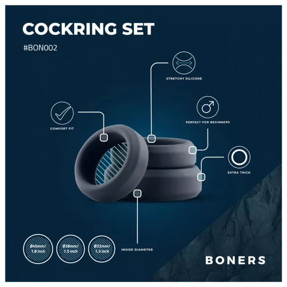 Boners - set de anillos para pene de silicona - 3 piezas - gris