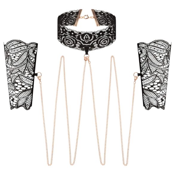 Rosy Gold - collar y esposas de muñeca (negro)