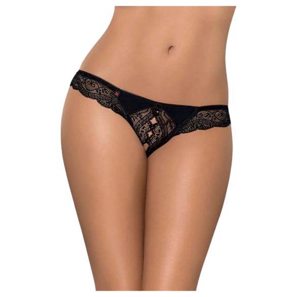Obsessive Miamor - Tanga de Encaje Abierto con Detalles de Piedras (Negro)