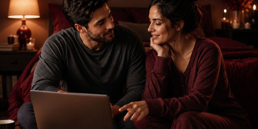 Pareja hablando abiertamente sobre cómo pedir lo que quieres en la cama en un dormitorio acogedor, lovesexshop.es sex shop