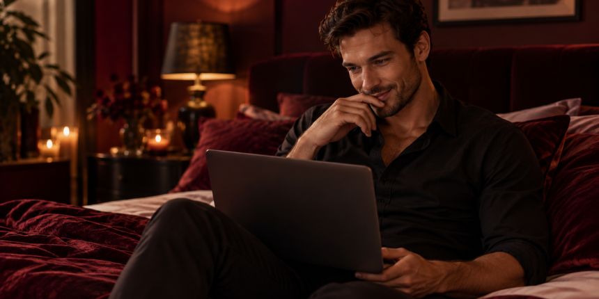Hombre sentado en la cama con un portátil leyendo consejos sobre masturbación | lovesexshop.es sex shop